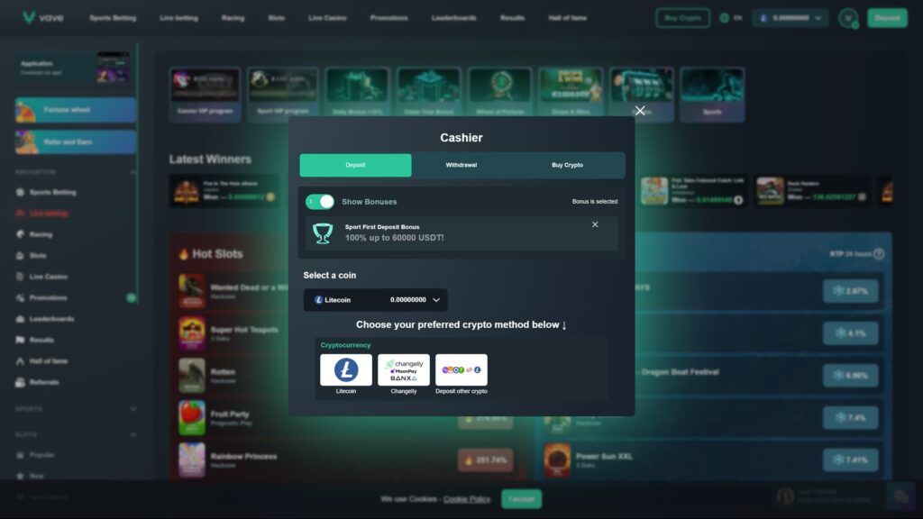 SEO-Optimized Alt Text
"Full HD screenshot of the Vave online casino Cashier interface showing the Litecoin (LTC) deposit section. The modal window highlights a 'Sport First Deposit Bonus' offer of 100% up to 60,000 USDT. The screen displays various cryptocurrency deposit methods, including direct Litecoin transfers and third-party services like Changelly, MoonPay, and Banxa. The background features the Vave dashboard with navigation for sports betting, slots, and live casino games