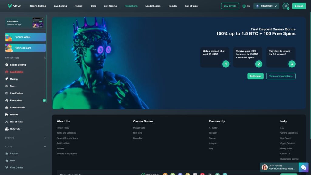 Screenshot of the Vave crypto casino website homepage featuring a prominent 'First Deposit Casino Bonus' promotion offering 150% up to 1.5 BTC plus 100 free spins. The vibrant, dark-themed interface displays a neon-lit classical statue adorned with a Bitcoin crown and glasses. A three-step graphic outlines the process: deposit at least 20 USDT, receive the bonus, and play slots to unlock funds. The comprehensive left sidebar and top navigation menus show options for sports betting, live casino, slots, racing, and promotions, while a customer support chat widget is visible in the bottom right corner