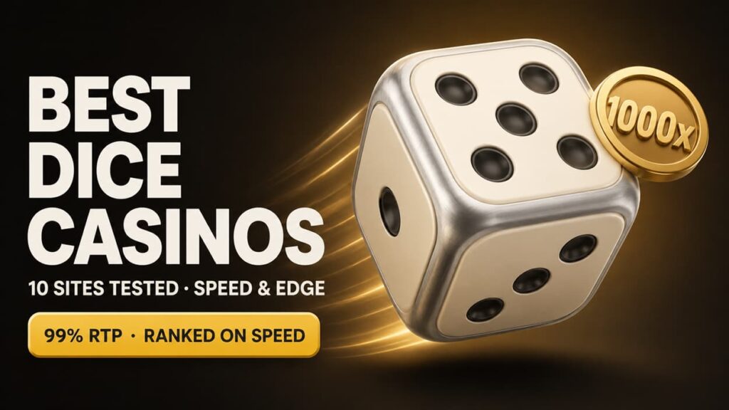 Best Dice Casinos hero image featuring a premium 3D cream dice with silver edges, a gold 1000x multiplier coin, and a 99% RTP speed ranking badge on Krypto-Casinos.com