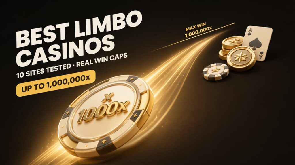 Best Limbo casinos featured image showing a premium 3D gold multiplier chip, 1,000,000x win cap badge, real win caps, casino coins, and playing card