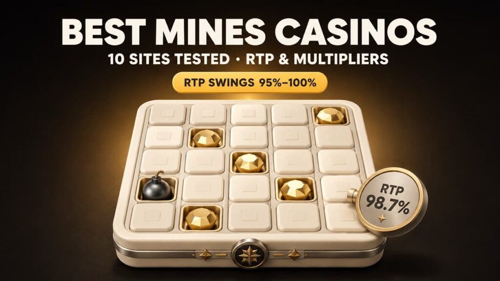 Best Mines casinos featured image showing a premium 3D 5x5 Mines grid with gold gems, a charcoal bomb, RTP badge, and multiplier comparison theme