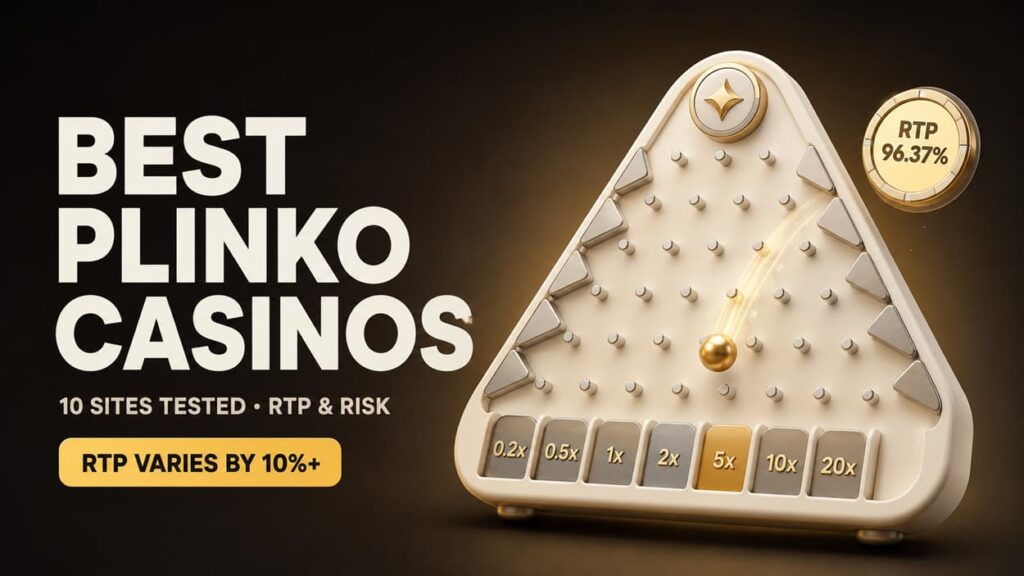 Best Plinko casinos banner featuring a premium 3D Plinko board, gold ball in motion, RTP badge, and text highlighting 10 tested sites, RTP, and risk