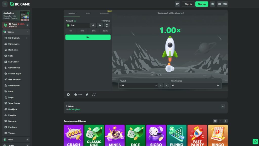 BC.Game Limbo casino game interface showing a rocket ship at 1.00x multiplier with a 1.96x payout setting, 50% win chance, and a 0.01 BCD bet amount on a dark-themed crypto gambling platform