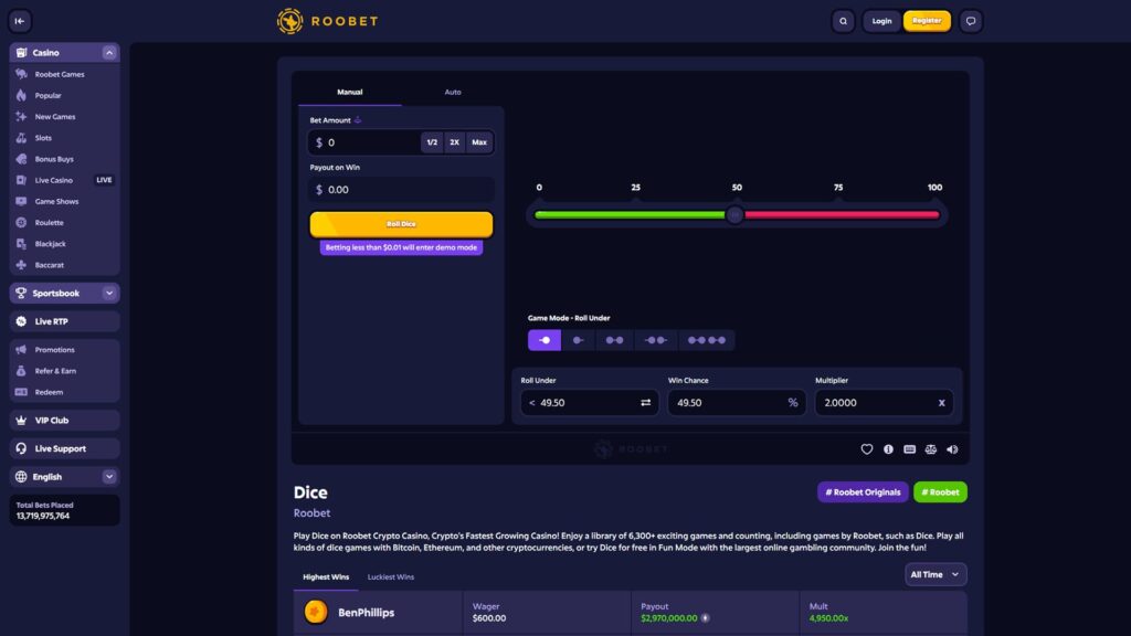 Screenshot of Roobet Dice game interface showing roll-under settings, win chance at 49.50%, 2.00x multiplier, betting controls, and a dark-themed crypto casino dashboard