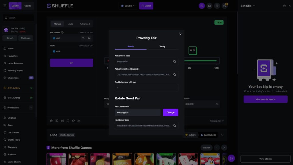 Shuffle casino Dice game with the Provably Fair modal open on the Seeds tab, displaying an active client seed of BuyshMBm, a hashed active server seed beginning with 7af33a7ee7fab5b413a479b34cd16c3e3dfebca990764, a total bets count of 1 made with the current seed pair, and a Rotate Seed Pair section showing a new client seed field pre-filled with e5btplg6cd alongside a purple Change button, plus a next server seed field beginning with 02d9bdd84fb06ea61bde648cc9fb9c5a518aec67ee9c