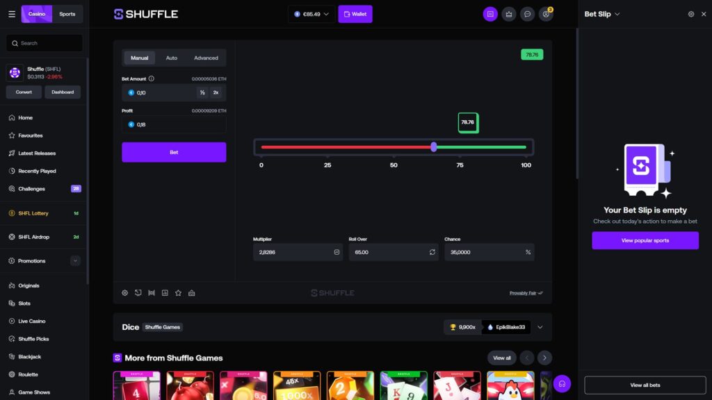 Shuffle casino Dice game interface on the Manual tab showing a bet amount of 0.10 ETH (0.00005036 ETH), a profit field of 0.18, a purple Bet button, and a red-to-green slider with the target value set to 78.76 out of 100, with stats showing a 2.8286x multiplier, Roll Over at 65.00, and a 35% win chance, on a dark-themed crypto gambling platform with an empty Bet Slip panel on the right