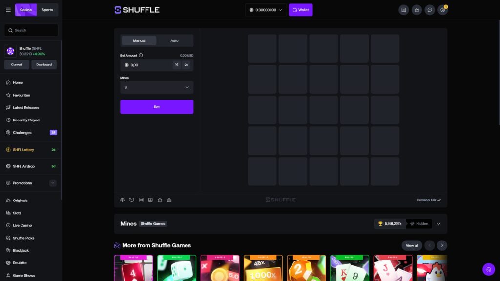 Screenshot of Shuffle Mines game interface showing a 5x5 grid layout, adjustable mine settings, manual betting controls, and a dark-themed crypto casino dashboard