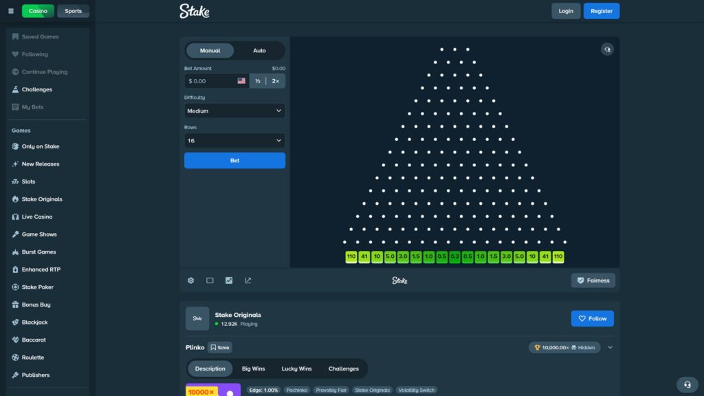 Screenshot of Stake Plinko game interface showing a pegboard layout with 16 rows, adjustable bet settings, medium difficulty, and payout multipliers up to 110x in a dark-themed dashboard