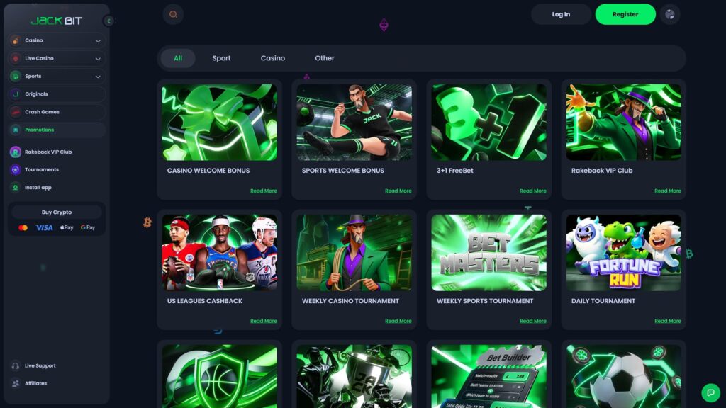 Jackbit crypto casino Promotions page displayed on a dark navy background featuring the green Jackbit logo in the top-left header, Log In and green Register CTAs in the top-right, content filter tabs for All (active), Sport, Casino and Other categories, primary promotional grid showing four headline offers including a vibrant green-bow CASINO WELCOME BONUS, an animated football player SPORTS WELCOME BONUS, a glowing 3+1 FreeBet promo, and a Rakeback VIP Club banner featuring the masculine Jack mascot in a green suit and bowler hat with a tipping gesture, secondary promo row showing US LEAGUES CASHBACK featuring NFL, NBA and NHL athletes, WEEKLY CASINO TOURNAMENT with the Jack mascot holding rope by a casino vault, WEEKLY SPORTS TOURNAMENT with Bet Masters lightning effects, and DAILY TOURNAMENT featuring colourful Fortune Run cartoon characters including a yeti, dinosaur and scientist, each card with a 'Read More' link in green, partial third row showing a basketball-themed promo, racing-themed offer, Bet Builder feature card and a soccer ball promotion, left navigation sidebar with Casino, Live Casino, Sports, Originals, Crash Games and Promotions (active) categories, plus Rakeback VIP Club, Tournaments, Install app menu items, a Buy Crypto button, payment method icons for Mastercard, Visa, Apple Pay and Google Pay, Live Support and Affiliates links at the bottom, scattered cryptocurrency icons (Bitcoin, Ethereum, etc.) floating in the background, and a green chat support bubble in the bottom-right corner