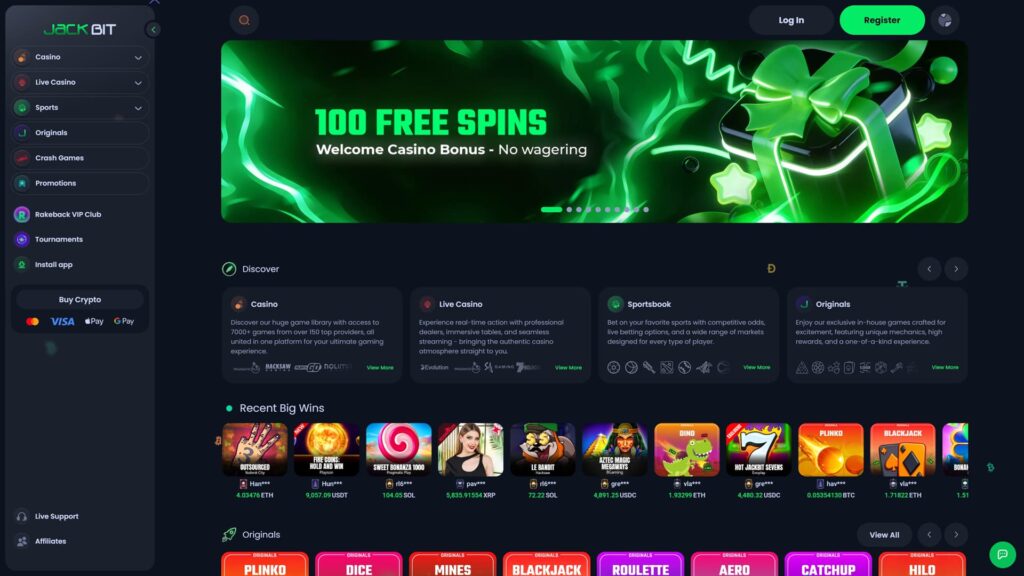 Jackbit crypto casino homepage featuring a wide hero promotional banner with neon green energy effects displaying '100 FREE SPINS — Welcome Casino Bonus, No wagering' alongside a glowing wrapped gift box graphic, banner pagination dots indicating multiple slides in the carousel, Discover section below featuring four category cards including Casino (with logos for Pragmatic Play, Hacksaw, Play'n GO, NoLimit and a 'View More' link explaining access to 7,000+ games from over 150 top providers), Live Casino (Evolution, Pragmatic Play, SA Gaming, 7Mojos providers offering real-time professional dealers), Sportsbook (with sport icons for soccer, basketball, tennis, hockey, baseball and racing covering competitive odds and live betting markets), and Originals (with provably fair game icons describing exclusive in-house titles with high rewards), Recent Big Wins horizontal scrolling carousel showing recent winners with masked usernames and crypto amounts including Han*** winning 4.03476 ETH on Outsourced (Nolimit City), Hun*** winning 9,057.09 USDT on Fire Coins Hold and Win (Playson), rl6*** winning 104.05 SOL on Sweet Bonanza 1000 (Pragmatic Play), pav*** winning 5,835.91554 XRP on a live dealer game, rl6*** winning 72.22 SOL on Le Bandit (Hacksaw), gre*** winning 4,891.25 USDC on Aztec Magic Megaways (BGaming), vla*** winning 1.93299 ETH on Dino, gre*** winning 4,480.32 USDC on Hot Jackbit Sevens (Evoplay) Exclusive, hav*** winning 0.05354130 BTC on Plinko Originals, and vla*** winning 1.71822 ETH on Blackjack Originals, beginning of Originals carousel showing Plinko, Dice, Mines, Blackjack, Roulette, Aero, Catchup and Hilo titles, left sidebar navigation with Casino, Live Casino, Sports, Originals, Crash Games, Promotions, Rakeback VIP Club, Tournaments, Install app, Buy Crypto button with Mastercard/Visa/Apple Pay/Google Pay payment icons, Live Support and Affiliates links, and Log In with green Register CTAs in the top-right header