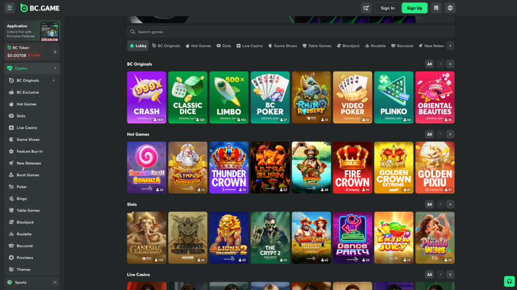 A high-definition screenshot of the BC.GAME crypto casino lobby. The dark-themed interface showcases a vibrant grid of game tiles categorized into sections. The BC Originals row features proprietary titles like Crash, Classic Dice, Limbo, Plinko, and Video Poker. The Hot Games section includes popular slots such as Sweet Rush Bonanza, Gates of Olympus, and Thunder Crown. Additional rows for Slots and Live Casino display titles from top providers like Pragmatic Play and Hacksaw Gaming. The sidebar offers quick navigation to Provably Fair games, Table Games, and Bingo, while the top bar includes a search function and a Sign Up button