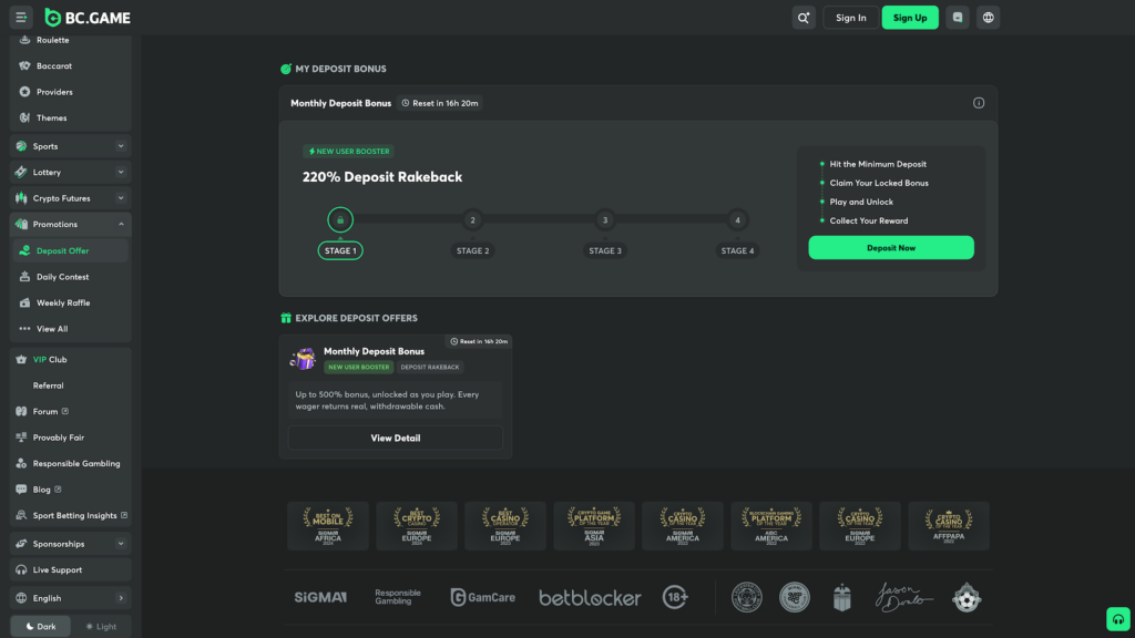 A high-definition screenshot of the BC.GAME "Deposit Offer" promotions page. The dark-themed interface features a "My Deposit Bonus" section with a 220% Deposit Rakeback new user booster, displayed as a four-stage progress tracker. A "Deposit Now" button sits next to instructions to hit the minimum deposit, claim the locked bonus, and play to unlock rewards. Below, a secondary tile offers a Monthly Deposit Bonus of up to 500%. The page footer displays numerous industry accolades, including "Best Crypto Casino" awards from Sigma and AIBC, alongside responsible gambling logos for GamCare and betblocker