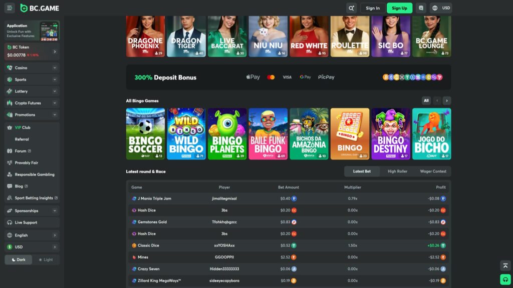 BC.GAME crypto casino All Bingo Games hub page showing a row of partially visible Live Casino game thumbnails at the top including Dragone Phoenix (29 players), Dragon Tiger (40), Live Baccarat (30), Niu Niu (14), Red White (95), Roulette (98), Sic Bo (77) and BC.GAME Lounge by Pragmatic Play (73), prominent '300% Deposit Bonus' promotional banner showing supported payment methods including Apple Pay, Mastercard, Visa, Google Pay and PicPay alongside a row of accepted cryptocurrency icons (Bitcoin, Ethereum, Litecoin, Tether, USDC, Solana, Dogecoin, TRON and others), All Bingo Games carousel featuring eight bingo-themed slot tiles including Bingo Soccer with football stadium imagery (13 players, Belatra), Wild Bingo by Platipus (71), Bingo Planets with green alien character (39, Platipus), Baile Funk Bingo by Galeta (69), Bichos da Amazonia Bingo by Galeta (10), classic orange BC.GAME Bingo with traditional bingo card and ball cage (23 players, Original Game), Bingo Destiny by Platipus with jester character (17), and Jogo Do Bicho by InOut featuring a lion mascot (17), 'Latest round & Race' results table with Latest Bet (active), High Roller and Wager Contest tabs showing recent multi-game activity including J Mania Triple Jam by jimalitegmisal ($0.40 bet, 0.79x multiplier, -$0.08 profit), multiple Hash Dice rounds by 3bs ($0.20 bets, 0.00x, -$0.20 losses), Gemstones Gold by Tfohkhqbgzcc ($0.83, 0.00x, -$0.83), Classic Dice by xxYOSHAxx winning at 1.50x for +$0.26, Mines by GGOOPPII (-$2.52 loss), Crazy Seven by Hidden33333333 (-$0.06), and Zillard King MegaWays by sideeyecapybara (-$0.19), full Casino sidebar navigation with BC Originals, BC Exclusive, Hot Games, Slots, Live Casino, Game Shows, Feature Buy-in, New Releases, Burst Games, Poker, Bingo, Table Games, Blackjack, Roulette, Baccarat, Providers, Themes plus Sports navigation, BC Token at $0.00778 (-1.16%), and Sign In with green Sign Up CTAs in the top header