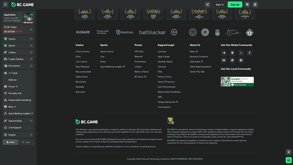 A high-definition screenshot of the BC.GAME crypto casino website footer. The dark-themed interface displays extensive navigation links for Casino, Sports, Promo, and Support/Legal sections. The top of the footer showcases numerous industry awards from SiGMA and AIBC, alongside responsible gambling logos for GamCare and betblocker. Social media icons for Telegram, Discord, X, and Instagram are visible under the "Join Our Global Community" section. The bottom area includes legal information, stating the platform is operated by Twocent Technology Limited with a license from the Government of the Autonomous Island of Anjouan