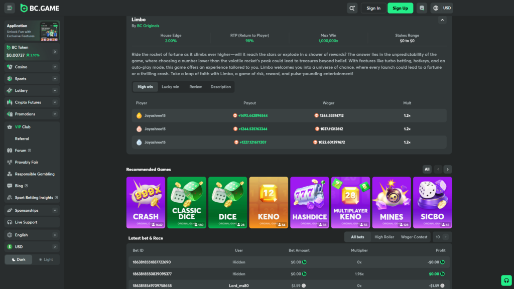 BC.GAME crypto casino Limbo game information page by BC Originals showing the game's stats panel with House Edge 2.00%, RTP (Return to Player) 98%, Max Win of 1,000,000x and Stakes Range $0 to $0, accompanied by a descriptive paragraph inviting players to 'ride the rocket of fortune' and mentioning turbo betting, hotkeys and auto-play features, High Win leaderboard tab active showing player Jayashree15 with three top wins of +1493.44, +1244.53 and +1227.12 against wagers of 1244.53, 1037.11 and 1022.60 all at 1.2× multipliers, Recommended Games carousel below featuring eight BC Originals including Crash (1,642 players), Classic Dice (160), Dice (28), Keno (84), Hashdice (36), Multiplayer Keno (55), Mines (128) and Sicbo (65), Latest bet & Race table at the bottom with All bets, High Roller and Wager Contest tabs showing recent Bet IDs, hidden users and profit/loss outcomes, full left sidebar with BC.GAME logo, BC Token price ticker at $0.00737 (+2.10%), Casino, Sports, Lottery, Crypto Futures, Promotions, VIP Club, Referral, Forum, Provably Fair, Responsible Gambling, Blog, Sport Betting Insights, Sponsorships and Live Support menu items, English and USD currency selectors, plus Sign In and Sign Up buttons in the top-right header