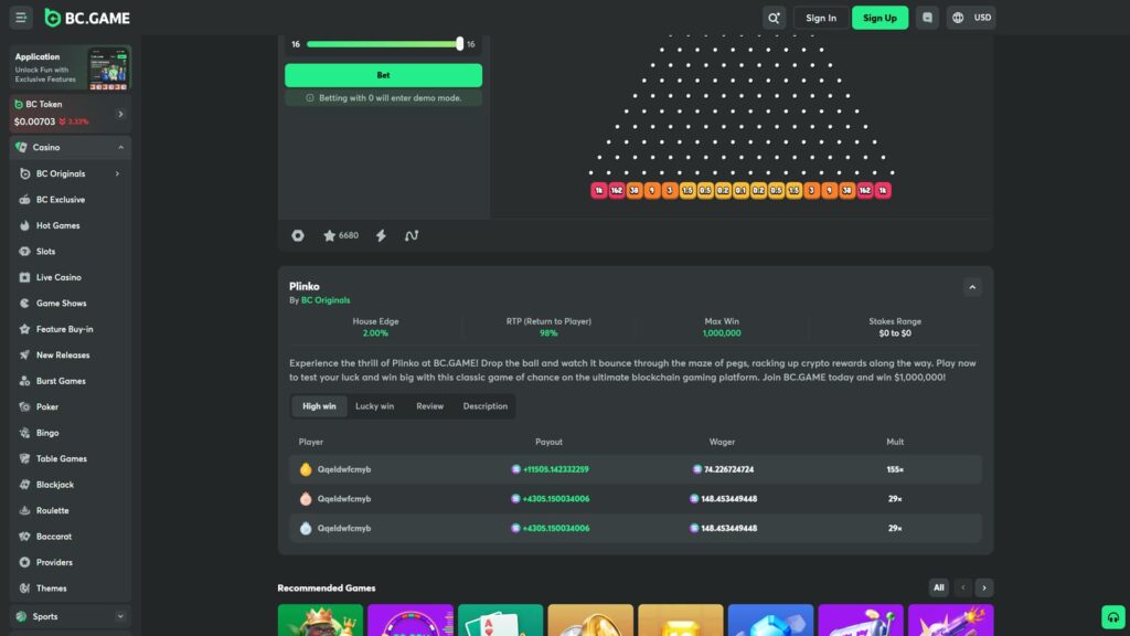 BC.GAME crypto casino Plinko game interface by BC Originals featuring the iconic triangular peg pyramid board with 16 rows of white dots arranged in classic Plinko formation, multiplier reward tiles displayed across the bottom of the board in a colour-graded sequence of 1k, 162, 30, 9, 3, 1.5, 0.5, 0.2, 0.1, 0.2, 0.5, 1.5, 3, 9, 30, 162, 1k showing red high-payout tiles on the outer edges fading through orange to yellow safer tiles in the middle, row count slider set to 16 with green progress bar, large green Bet button with 'Betting with 0 will enter demo mode' notification, game stat icons showing 6,680 favourites, Plinko info card listing House Edge 2.00%, RTP 98%, Max Win 1,000,000 and Stakes Range $0 to $0, descriptive copy promoting blockchain gaming and a $1,000,000 grand prize, High Win leaderboard showing player Qqeldwfcmyb with payouts of +11505.14 (155×), +4305.15 (29×) and a duplicate +4305.15 (29×) on wagers of 74.22 and 148.45, expanded left sidebar showing Casino sub-menu with BC Originals, BC Exclusive, Hot Games, Slots, Live Casino, Game Shows, Feature Buy-in, New Releases, Burst Games, Poker, Bingo, Table Games, Blackjack, Roulette, Baccarat, Providers and Themes categories, BC Token price showing $0.00703 (-3.33%), and Sign In/Sign Up CTAs in the top header
