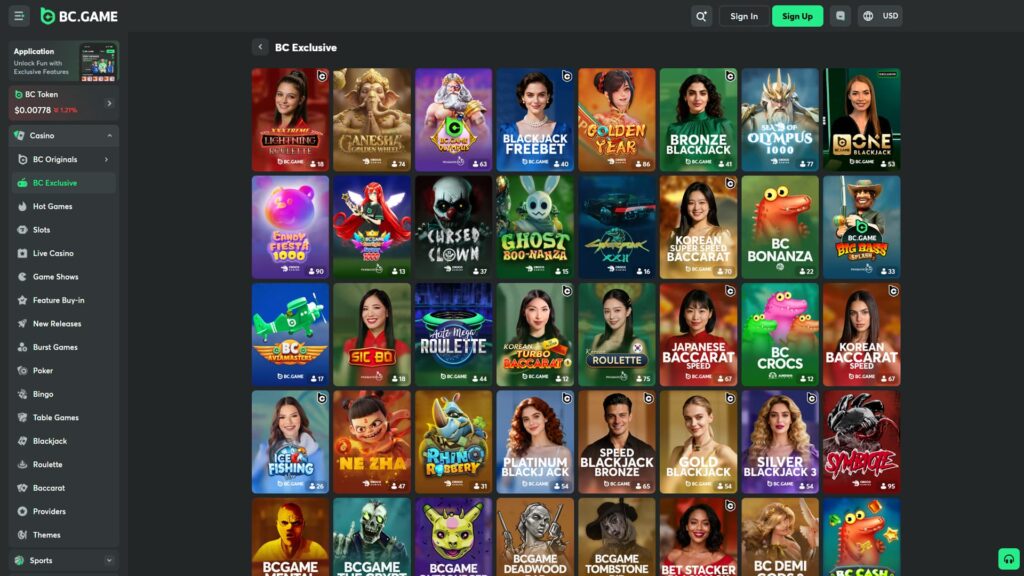 BC.GAME crypto casino BC Exclusive games library showcasing in-house licensed and partnership titles with the BC Exclusive category actively highlighted in green on the left navigation, displayed as a dense five-row grid of game thumbnails featuring iconic exclusive titles including XXXtreme Lightning Roulette (18 players), Ganesha Golden Wheel (74), BC.GAME Olympus by Pragmatic Play (63), Blackjack Freebet (40), Golden Year (86), Bronze Blackjack (41), Sea of Olympus 1000 (77) and One Blackjack Exclusive tag (53), second row with Candy Fiesta 1000 (90), BC.GAME Starlight Soccer 1000 (13), Cursed Clown horror slot (37), Ghost Boo-Nanza (15), Cyberpunk XXII (16), Korean Super Speed Baccarat (70), BC Bonanza (22) and Big Bass Splash by Pragmatic Play (33), third row featuring BC Aviamasters airplane crash game (17), Sic Bo (18), Auto Mega Roulette (44), Korean Turbo Baccarat HI Player (12), Korean Roulette (75), Japanese Baccarat Speed (67), BC Crocs (12) and Korean Baccarat Speed (67), fourth row with Ice Fishing Live (26), Ne Zha (47), Rhino Robbery (31), Platinum Blackjack (54), Speed Blackjack Bronze (65), Gold Blackjack (54), Silver Blackjack 3 (54) and Symbiote (95), partial fifth row showing horror-themed BCGAME Mental, BCGAME The Crypt, BCGAME Outsourced, BCGAME Deadwood Bar, BCGAME Tombstone RIP, Bet Stacker Blackjack, BC Demi Gods 5 and BC Cash exclusive titles, full Casino sidebar navigation with BC Originals, BC Exclusive (active highlighted), Hot Games, Slots, Live Casino, Game Shows, Feature Buy-in, New Releases, Burst Games, Poker, Bingo, Table Games, Blackjack, Roulette, Baccarat, Providers and Themes plus Sports menu items, BC Token ticker at $0.00778 (-1.21%), and Sign In with green Sign Up CTAs in the top-right corner