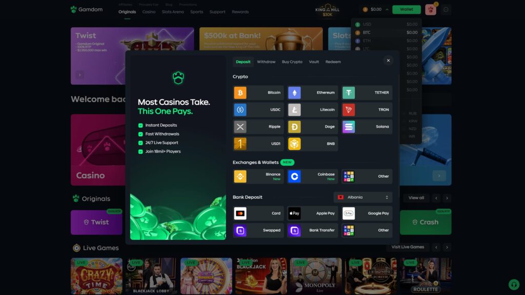 Gamdom crypto casino Cashier deposit modal overlaid on the Casino lobby page, presenting a comprehensive payment options interface with five-tab navigation including Deposit (active with green underline), Withdraw, Buy Crypto, Vault and Redeem, left-side promotional column with Gamdom's green hexagon logo and the headline 'Most Casinos Take. This One Pays.' alongside four trust badges with green checkmarks for Instant Deposits, Fast Withdrawals, 24/7 Live Support and Join 18mil+ Players plus a stylised glowing green coins illustration, central Crypto deposit grid showing nine supported cryptocurrencies arranged in three rows with branded icons including Bitcoin, Ethereum, TETHER, USDC, Litecoin, TRON, Ripple, Doge, Solana, USD1 and BNB, Exchanges & Wallets section with a NEW badge featuring three integration options for Binance (New), Coinbase (New) and Other wallet providers, Bank Deposit section with a country selector currently set to Albania showing six fiat payment methods including Card, Apple Pay, Google Pay, Swapped, Bank Transfer and Other, partially visible header with currency dropdown showing USD, BTC, ETH, LTC and additional fiat options (RUB, KRW, NZD, INR) all at $0.00, Affiliates, Provably Fair, Blog and Promotions navigation links, primary tabs for Originals, Casino (active green), Slots Arena, Sports, Support and Rewards, King of the Hill $30K promotional banner in the centre header, Wallet button and notification (1) icon top-right, partial 'Twist' Gamdom Original card behind modal showing 100% RTP and $2,950,000 max win, '$500K at Bank!' tournament card, Slots category card, Welcome back greeting, Casino category tile, Originals section beginning with Twist 100% RTP and Crash 100% RTP cards, Live Games carousel showing Crazy Time, Blackjack Lobby, Sweet Bonanza Candy Land, Live Blackjack, Monopoly Live, Lightning Roulette and Live Roulette tiles, plus a green chat support bubble in the bottom-right corner
