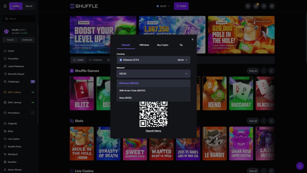 Shuffle.com online crypto casino Wallet deposit modal overlaid on the homepage, displaying a four-tab navigation interface with Deposit (active in purple), Withdraw, Buy Crypto and Tip options, Currency selector showing Ethereum (ETH) chosen with a $0.00 current balance, Network dropdown menu actively expanded showing three blockchain options including Ethereum (ERC20) highlighted as the current selection, BNB Smart Chain (BEP20) and Base (BASE) layer-2 network alternatives, large central QR code generated for the player's deposit wallet address allowing for quick mobile scanning, 'Deposit history' link in white at the bottom of the modal, white close X button in the top-right corner of the dialog, partially visible homepage content behind the modal showing the Refreshed 'Boost Your Level Up' VIP rewards banner with green and purple crystal graphics, Now Live '1,667,250 SHFL Weekly Airdrop' announcement, Exclusive '$20,000 Mole In The Hole' Penguin King slot promotion offering 100x multipliers with the llama mascot character, Lobby/Originals tabs visible in the secondary nav, Shuffle Games carousel showing Blitz, Dice, Keno, Baccarat and Blackjack original game tiles, Slots row featuring Mole in the Hole, Dynasty of Death, Sweet Bonanza 2500, Wanted Dead or A Wild, Zeus vs Hades Gods of War 250, Le Bandit, Sugar Rush Super Scatter and Lady Wish, beginning of Live Casino section, full sidebar navigation with Home, Favourites, Latest Releases, Recently Played, Challenges (28), SHFL Lottery (2d), SHFL Airdrop (3d), Promotions, Originals, Slots, Live Casino, Shuffle Picks, Blackjack, Roulette and Game Shows menu items, SHFL token ticker showing $0.2910 (+0.73%), Casino and Sports primary navigation tabs, $0.00 wallet selector and purple Wallet button in the top header alongside chat (1 notification) and account icons