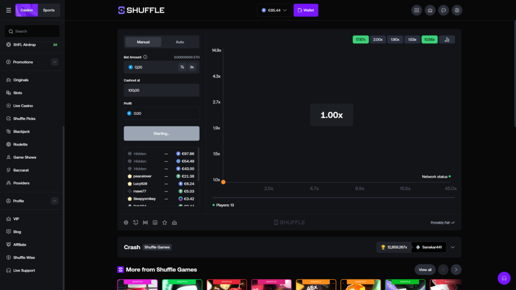 Shuffle.com Crash crypto casino game in pre-round Starting countdown state with the multiplier display showing the initial 1.00x value on a logarithmic chart ranging from 1.0x to 14.9x with a single orange starting dot at the bottom-left, greyed-out 'Starting…' button indicating the round is about to begin, Manual mode bet panel set to €0.00 bet amount (0.00000000 ETH) with Cashout at 100.00 auto-target and €0.00 profit field, large list of 13 active players queued for the round including three Hidden players betting €97.86, €54.49 and €43.00, alongside named players peacelover (€21.38), Lucy928 (€6.24), mave77 (€5.03), Sleepyxmikey (€3.42) and a partially visible additional entry, recent round history badges showing previous outcomes 17.87x, 2.00x, 1.90x, 1.53x and a strong 10.56x, time axis spanning 2.0s to 45.0s with a green network status indicator, ETH wallet balance €85.44 in the header, full sidebar navigation including Originals, Slots, Live Casino, Shuffle Picks, Blackjack, Roulette, Game Shows, Baccarat, Providers, VIP, Blog, Affiliate, Shuffle Wise and Live Support menu items, and the Crash Shuffle Games footer showing a record 12,859.267x maximum payout achieved by player Sanskar441