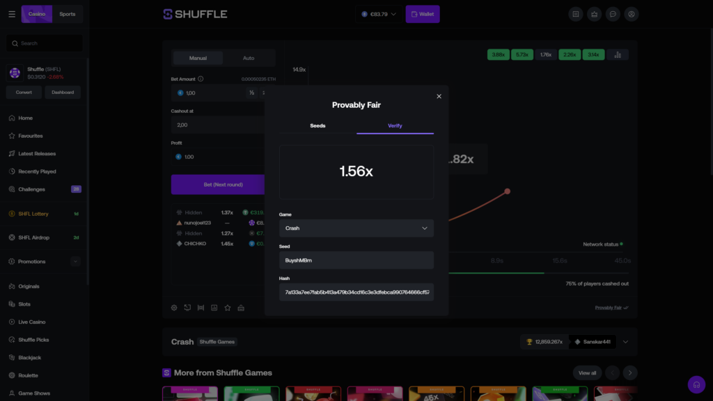Shuffle.com Provably Fair verification modal overlaid on a dimmed Crash game background, displaying the Verify tab active alongside a Seeds tab option, large central result panel showing a verified 1.56x crash multiplier outcome, dropdown selector with Crash game type chosen, server seed input field containing the value 'BuyshMBm', and a SHA-256 cryptographic hash field showing '7a133a7ee7fab5b413a479b34cd16c3e3dfebca990764666cf5...' for round verification, white close X button in the top-right corner of the dialog, partially visible game elements behind the modal including bet controls, multiplier curve, players list with Hidden, nunojoel123 and CHICHKO entries, and the recent multiplier history bar showing 3.88x, 5.73x, 1.76x, 2.26x and 3.14x results