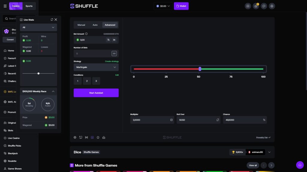 Shuffle.com online crypto casino Dice game in Advanced betting mode with a Live Stats tracking panel docked to the left side, the stats widget showing All filter dropdown alongside profit, wins, wagered and losses metrics all currently at $0.00 and 0 due to no plays yet, a $0.00 cumulative net result with an empty progress slider, expandable '$100,000 Weekly Race' tournament card revealing '5d Remaining' time and 'N/A Position' status with $0.00 prize and $0.00 wagered tracking, central betting panel with Manual, Auto and Advanced (active) tabs, Bet Amount input set to $0.00 (0.00000000 ETH) with quick 1/2 and 2x multiplier buttons, Number of Bets field at 0 with infinity-loop button for unlimited bets, Strategy selector showing Martingale chosen with a 'Create strategy' link in green, three Conditions slots labeled 1, 2 and 3 with an Edit option, large purple Start Autobet button, central red-to-green probability slider positioned at 50 on a 0–100 scale showing the win/loss zones, Multiplier 2.0000 with a chart icon, Roll Over 50.50 with refresh, and Chance 49.5000% configuration row, Provably Fair label with a green verification checkmark in the bottom-right, Dice Shuffle Games footer banner showing a 9,900x maximum payout achieved by player animaru55, full left sidebar navigation with Home, Favourites, Latest Releases (partially obscured by Live Stats overlay), Recently Played, Challenges, SHFL Lottery, SHFL Airdrop, Promotions, Originals, Slots, Live Casino, Shuffle Picks, Blackjack, Roulette and Game Shows menu items, Casino and Sports primary navigation tabs in the top header alongside the Shuffle logo, $0.00 wallet selector dropdown, purple Wallet button, chat support, notification (1 alert), and account icons in the top-right