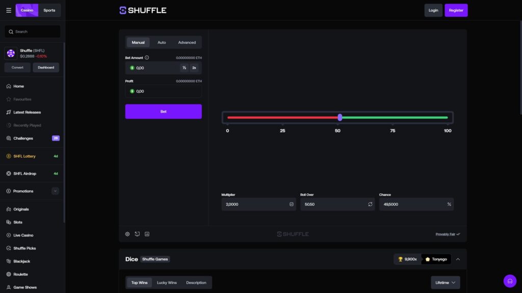 Shuffle.com online crypto casino Dice game interface in logged-out demo state, presenting a clean configuration screen with Manual, Auto and Advanced betting mode tabs at the top, Bet Amount input set to $0.00 (0.00000000 ETH) with quick 1/2 and 2x multiplier buttons, Profit display also at $0.00, large purple Bet button, central horizontal red-to-green probability slider with the rollover marker positioned at 50 on a 0/25/50/75/100 scale showing the player wins on green and loses on red, configuration row below the slider showing Multiplier 2.0000 with a chart icon, Roll Over 50.50 with a refresh icon, and Chance 49.5000% input fields, Provably Fair label with a green verification checkmark in the bottom-right, Shuffle watermark logo behind the betting area, plus Settings/keyboard/stats icons in the bottom-left, Dice Shuffle Games footer banner showing a 9,900x maximum payout achieved by player Tonyego with a trophy icon, Top Wins/Lucky Wins/Description tabs with a Lifetime filter dropdown, full left sidebar navigation with Home, Favourites, Latest Releases, Recently Played, Challenges (28), SHFL Lottery (4d), SHFL Airdrop (4d), Promotions, Originals, Slots, Live Casino, Shuffle Picks, Blackjack, Roulette and Game Shows menu items, Shuffle (SHFL) token ticker showing $0.2888 (-0.10%) with Convert and Dashboard wallet management buttons, Casino and Sports primary navigation tabs in the top header, Shuffle logo centered, plus Login and purple Register call-to-action buttons in the top-right corner