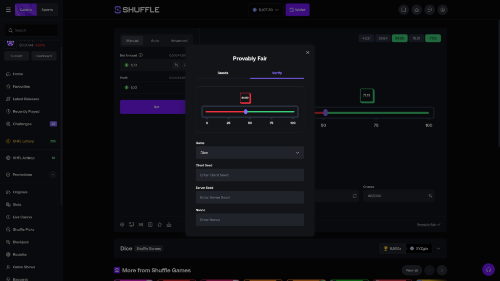 A high-definition screenshot of the Provably Fair verification modal on the Shuffle crypto casino platform. The interface shows the Verify tab for a Dice game, featuring a visual slider results bar and input fields for Client Seed, Server Seed, and Nonce to ensure transparent gaming outcomes. The background displays the dark-themed Shuffle dashboard with navigation links for SHFL Lottery, SHFL Airdrop, and various game categories like Slots, Live Casino, and Blackjack. A "More from Shuffle Games" section is visible at the bottom, along with a user balance indicator and wallet options in the top header