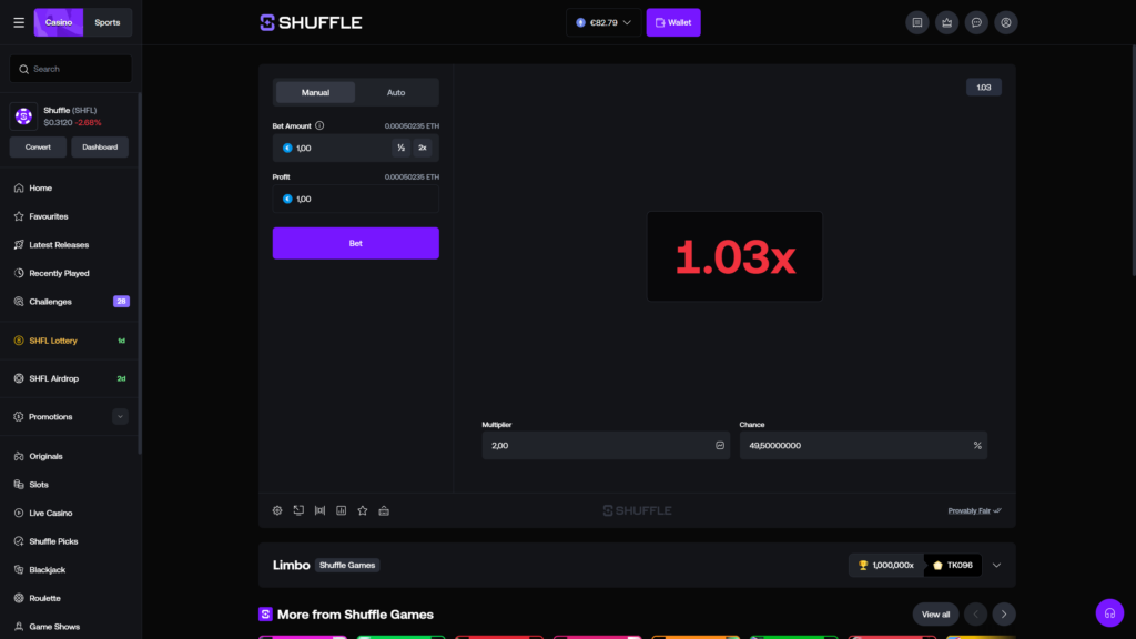 Shuffle.com online crypto casino Limbo game interface displaying a losing round result with a large red 1.03x multiplier outcome shown on the dark central display panel, target multiplier set to 2.00 with a 49.50000000% win chance configuration, Manual betting mode selected with a €1.00 bet amount (0.00050235 ETH) and matching €1.00 profit target, large purple Bet button positioned for the next round, top-right round history showing the most recent 1.03 result in a grey badge, ETH wallet balance of €82.79 in the header, Shuffle SHFL token sidebar showing $0.3120 (-2.68%) price ticker, full left navigation panel with Home, Favourites, Latest Releases, Recently Played, Challenges (28), SHFL Lottery, SHFL Airdrop and Promotions menu options, and the Limbo Shuffle Games footer banner displaying a 1,000,000x maximum payout record by player TK096