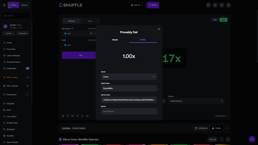 Shuffle.com Provably Fair verification modal overlay on the Limbo crypto casino game with the Verify tab actively selected next to a Seeds tab option, central result display panel showing a calculated 1.00x verification outcome, Game dropdown selector set to Limbo, Client Seed input field populated with the value 'BuyshMBm', Server Seed field showing the SHA-256 hash '7a133a7ee7fab5b413a479b34cd16c3e3dfebca990764666cf...', empty Nonce input field with placeholder text 'Enter Nonce' for round verification, white close X icon in the top-right of the dialog, dimmed background revealing the Limbo bet panel with €1.00 bet amount, partial green '17x' multiplier display, Multiplier 2.00 and Chance 49.50000000% configuration, ETH wallet balance €83.78, and the round history bar showing the previous 1.03 outcome alongside an upcoming 3.17 multiplier result