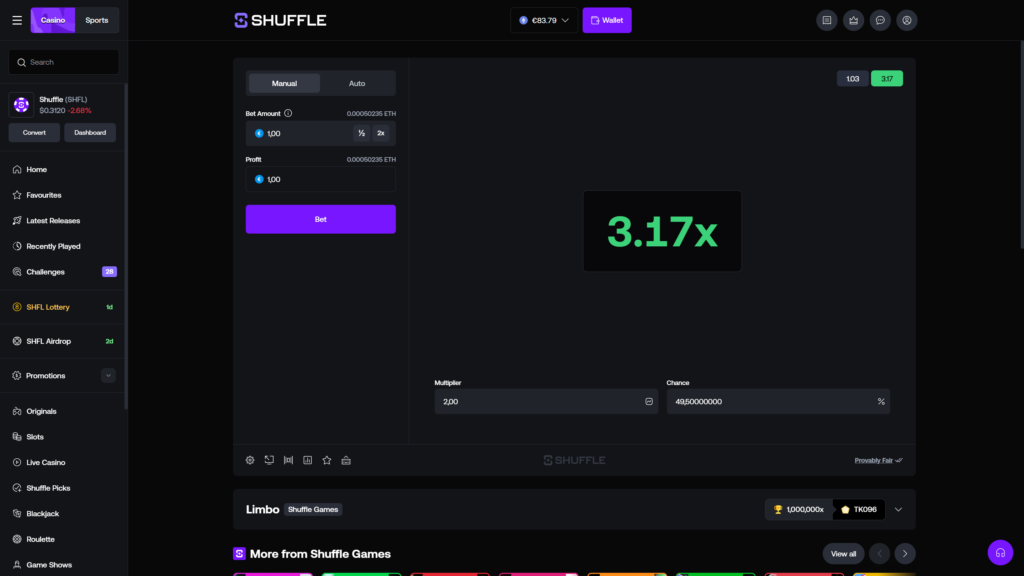 Shuffle.com online crypto casino Limbo game interface displaying a winning round result with a vibrant green 3.17x multiplier outcome prominently shown on the dark central display panel, exceeding the configured target multiplier of 2.00 with a 49.50000000% win probability, Manual mode bet panel set to €1.00 stake (0.00050235 ETH) with a matching €1.00 profit target, large purple Bet button ready for the next round, top-right round history badges showing the previous losing 1.03 result in grey alongside the new winning 3.17 outcome highlighted in green, ETH wallet balance increased to €83.79 reflecting the win, dark navy themed sidebar with full Casino navigation including Originals, Slots, Live Casino, Blackjack and Roulette categories, Shuffle SHFL token price at $0.3120 (-2.68%), and the Limbo Shuffle Games footer showing a 1,000,000x maximum payout achieved by user TK096