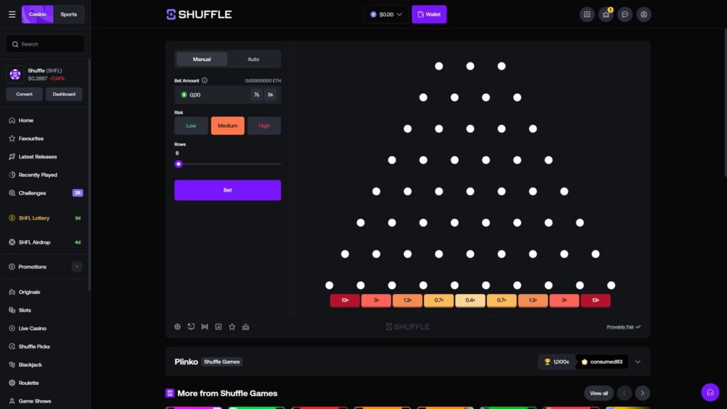 Shuffle.com online crypto casino Plinko game by Shuffle Originals showing the configuration screen for a fresh round, central peg pyramid board with eight rows of white dots arranged in classic Plinko triangular formation expanding from three pegs at the top to ten pegs at the bottom, multiplier reward tiles displayed across the bottom of the board in a colour-graded payout sequence reading 13x, 3x, 1.3x, 0.7x, 0.4x, 0.7x, 1.3x, 3x and 13x with the highest red 13x tiles on the outer edges fading through orange and yellow to lighter centre tiles representing safer/lower payouts in a Medium risk profile, left-side bet panel with Manual (active) and Auto tabs, Bet Amount input set to $0.00 (0.00000000 ETH) with quick 1/2 and 2x multiplier buttons, Risk selector showing Low/Medium (highlighted orange)/High options, Rows slider configured to 8 with a horizontal slider control, large purple Bet button, Provably Fair verification checkmark in the bottom-right, Plinko Shuffle Games footer banner showing a 1,000x maximum payout record achieved by player consumed83, full left sidebar navigation including Home, Favourites, Latest Releases, Recently Played, Challenges (28), SHFL Lottery (3d), SHFL Airdrop (4d), Promotions, Originals, Slots, Live Casino, Shuffle Picks, Blackjack, Roulette and Game Shows menu items, SHFL token ticker showing $0.2887 (-0.14%) with Convert and Dashboard wallet management buttons, Casino and Sports primary navigation tabs in the top header alongside the Shuffle logo, $0.00 wallet dropdown, purple Wallet button, chat support, notification with 1 alert badge, and account icons in the top-right corner
