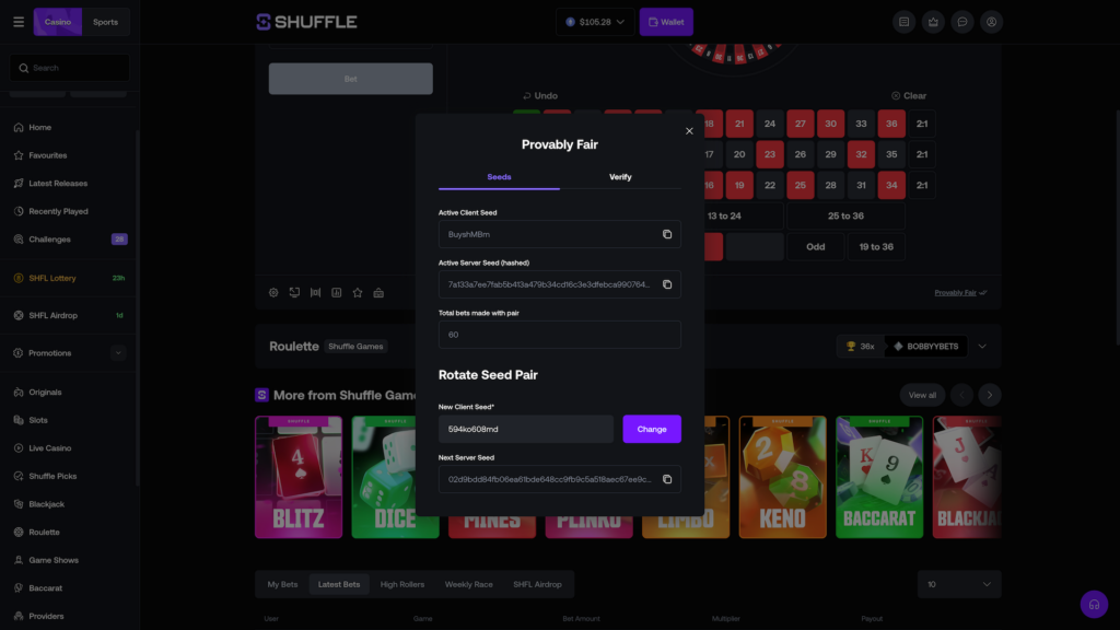 A high-definition screenshot of the Provably Fair settings modal on the Shuffle crypto casino platform. The dark-themed interface displays cryptographic transparency tools with tabs for Seeds and Verify. It highlights fields for the Active Client Seed and hashed Active Server Seed, showing "60" total bets made with the current pair. Below, a "Rotate Seed Pair" section allows players to enter a new client seed and click a purple Change button. The modal overlays a digital Roulette betting board, while the background features a "More from Shuffle Games" section showcasing proprietary titles like Blitz, Dice, Mines, and Plinko. The left sidebar includes navigation for SHFL Lottery, SHFL Airdrop, and various game categories