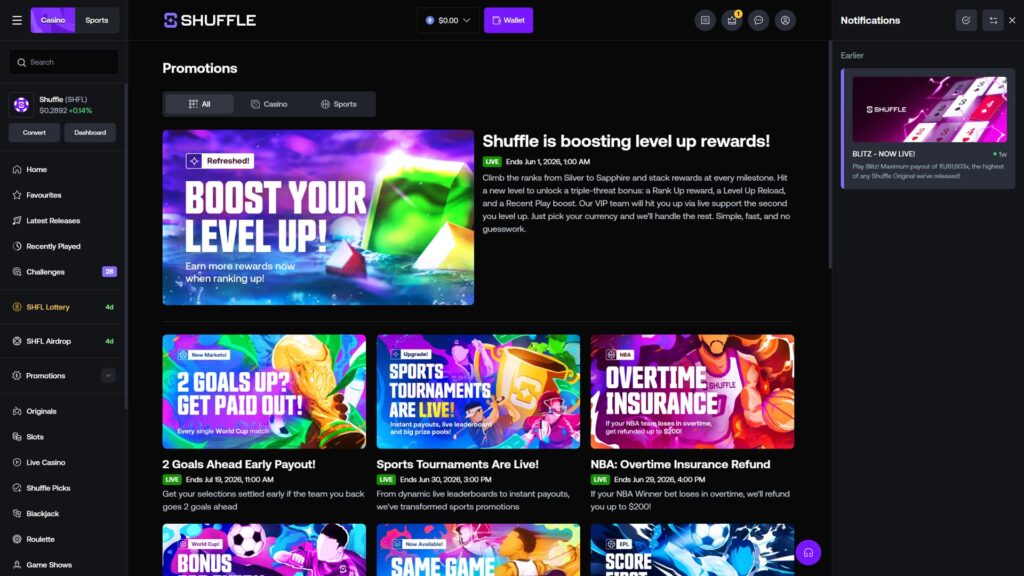 Shuffle.com online crypto casino Promotions hub page displaying the All filter view alongside Casino and Sports category tabs, featuring a large vibrant hero promotional banner labeled 'Refreshed!' announcing 'Shuffle is boosting level up rewards!' with neon green and purple graphics encouraging players to climb VIP ranks from Silver to Sapphire and earn Rank Up rewards, Level Up Reloads and Recent Play boosts (LIVE — Ends Jun 1, 2026, 1:00 AM), three secondary promotional cards displayed in a row including '2 Goals Ahead Early Payout!' (LIVE, ends Jul 19, 2026) for World Cup matches, 'Sports Tournaments Are Live!' (ends Jun 30, 2026) with leaderboard prize pools, and 'NBA: Overtime Insurance Refund' (ends Jun 29, 2026) offering up to $200 refund if NBA Winner bets lose in overtime, plus partial views of additional World Cup, Same Game, and EPL Score First promotional cards at the bottom, right-side Notifications drawer showing a 'BLITZ - NOW LIVE!' announcement with 1-week timestamp promoting Shuffle's new Original game with a record 15,181,603x maximum payout, dark navigation sidebar including Home, Favourites, Latest Releases, Recently Played, Challenges (28), SHFL Lottery (4d), SHFL Airdrop (4d), Promotions, Originals, Slots, Live Casino, Shuffle Picks, Blackjack, Roulette and Game Shows, $0.00 wallet balance with purple Wallet button, and SHFL token ticker showing $0.2892 (+0.14%)
