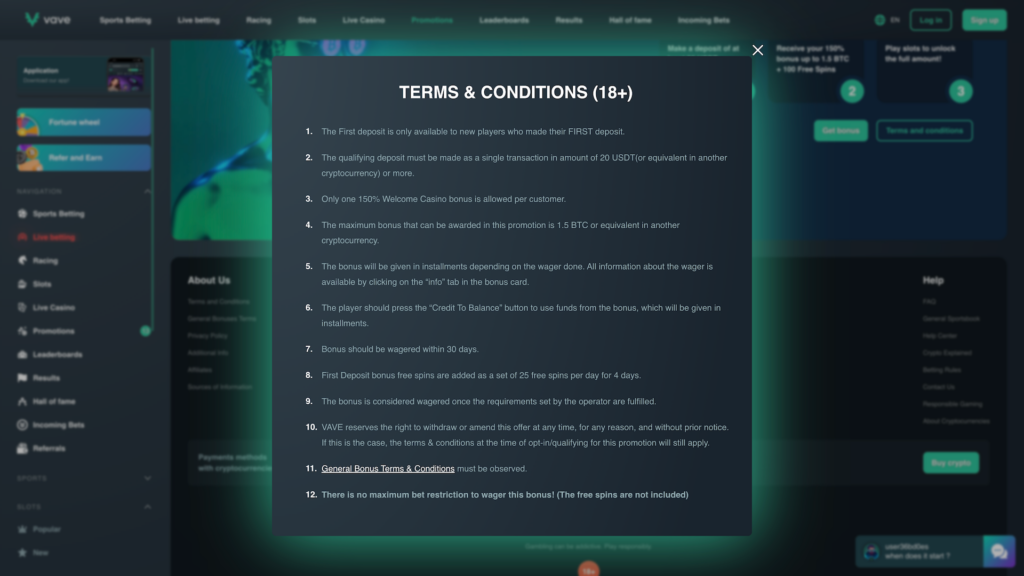 A high-definition screenshot of the Vave crypto casino's "Terms & Conditions (18+)" modal for the First Deposit bonus. The dark-themed pop-up outlines 12 specific rules, including a minimum qualifying deposit of 20 USDT, a 150% Welcome Casino bonus capped at 1.5 BTC, and a 30-day wagering requirement. The terms also specify that 100 free spins are awarded in sets of 25 over four days. The background shows the blurred Vave dashboard with navigation links for Sports Betting, Slots, and Live Casino, along with a "Buy crypto" button in the bottom right corner