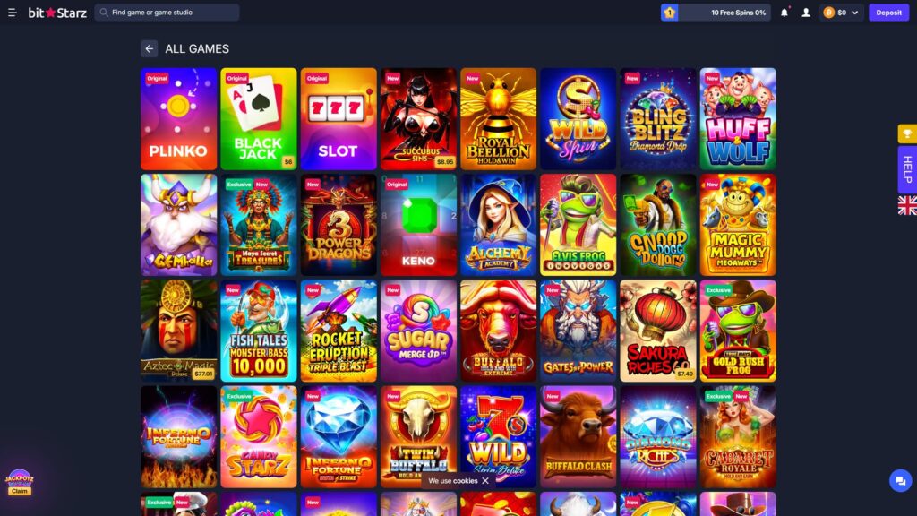 BitStarz online crypto casino All Games library displayed in a dense four-row grid of slot and original game thumbnails on a dark navy background, top-left back arrow returning to the previous page next to the 'ALL GAMES' page title in white capital letters, search bar with 'Find game or game studio' placeholder in the top header, first row featuring Plinko (Original tag), Black Jack ($6 minimum, Original tag), Slot (Original tag), Succubus Sins ($8.95, New tag), Royal Beellion Hold&Win (New), Wild Spin, Bling Blitz Diamond Drop (New) and Huff & Wolf (New), second row showing Gemhalla, Maya Secret Treasures (Exclusive New), 3 Power Dragons (New), Keno (Original), Alchemy Academy, Elvis Frog in Vegas, Snoop Dogg Dollars and Magic Mummy Megaways (New), third row displaying Aztec Magic Deluxe ($77.01), Fish Tales Monster Bass 10,000 (New), Rocket Eruption Triple Blast (New), Sugar Merge Up (New), Buffalo Hold and Win Extreme, Gates of Power (New), Sakura Riches 60 ($7.49) and Gold Rush Frog TrueWays (Exclusive), fourth row showing Inferno Fortune, Candy Starz (Exclusive), Inferno Fortune Insta Strike (New), Twin Buffalo Hold and Earn (New), 7s Wild Spin Deluxe, Buffalo Clash (New), Diamond Riches and Cabaret Royale Hold and Earn (Exclusive New), top header showing rank '1' player level badge with '10 Free Spins 0%' progress widget, notification bell, profile icon, BTC wallet at $0 with a purple Deposit button, JackPotz Claim animated promo widget in the bottom-left corner, vertical yellow trophy icon and gradient HELP button on the right edge, UK flag region selector, blue chat support bubble, and a 'We use cookies' consent notice at the bottom