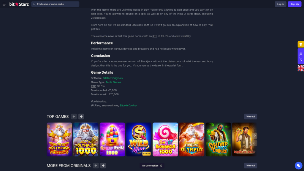 A high-definition screenshot of a BitStarz crypto casino game review page, detailing a BitStarz Originals Blackjack title. The text section outlines game rules, an RTP of 99.5%, low volatility, and betting limits up to a €20,000 maximum win. Below the game details, a "Top Games" carousel displays vibrant thumbnails for popular slots including Gates of Olympus 1000, Sugar Rush 1000, Sweet Bonanza 1000, Snoop Dogg Dollars, and Book of Dead. The dark-themed interface includes a top search bar, login buttons, and a text link referring to the platform as an award-winning Bitcoin Casino