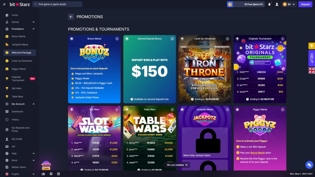 BitStarz online crypto casino Promotions & Tournaments page featuring a comprehensive grid of eight active promotional cards on a dark themed layout, top row showing Bonuz Mania (blue card with extra prizes per deposit including Mega/Minor Jackpots, Piggyz Break, $5–$50,000 Piggyz Cash payouts, 0.1x–10x Deposit Multiplier, 5%–50% Cashback and Jackpotz Dollar Prizes), Second Deposit Bonus (teal-green card prominently advertising 'Deposit $100 & Play With $150' available on second deposit only), Level Up Adventure (Iron Throne fantasy-themed promo offering $70,000 in prizes for every player, ending in 4d 04:08:09), and Originals Tournament (purple Telegram Exclusive @bitstarzcasino tournament leaderboard showing GAS**** at 438234 winning $350, Coop*** at 66968 winning $250, to***** at 35365 winning $100, wros*** at 28977 winning $50, ending in 3d 06:07:09), bottom row featuring Slot Wars '€5,000 & 5,000 FREE SPINS WEEKLY' leaderboard with players holz*** (€1,500), sand*** (€1,000), MaxB*** (€500) and lo*** (€300) ending in 5d 15:08:09, Table Wars '€10,000 EVERY WEEK' tournament with Armo*** (€3,000), jonu*** (€2,000), GAS**** (€1,000) and shah*** ranked, ending 01:08:09, locked Jackpotz Mania card showing 'More Daily Jackpot Spins' behind a padlock icon, and Piggyz Mania card with three-step activation guide (1. Make a min $50 deposit, 2. Play your Bonuz Mania spins, 3. Receive your first Piggyz cash equal to 5x deposit), full left navigation sidebar with Home, Games, Promotions (active), Bonuz Mania, Jackpotz Mania, Welcome Package (active), Level Up Adventure, Piggyz Mania, Originals Tournament (New), Slot Wars, Table Wars, My Account, Dashboard, History, My Rewards And Prizes, My Profile, VIP, Help, More, Bitstarz News and English language menu items, BTC wallet at $0 with purple Deposit button, '10 Free Spins 0%' progress widget in the header, vertical yellow trophy icon and HELP button on the right edge, JackPotz Claim animated promo, cookie consent notice, and 'Mon, May 4 - 08:51 CEST' timestamp in the bottom-right corner