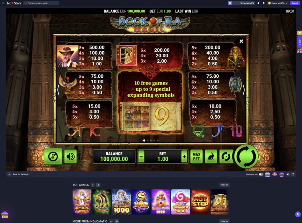 BitStarz online crypto casino playing the Book of Ra Magic slot game by Novomatic in immersive full-screen mode, displaying the in-game paytable info screen overlaid on the Egyptian temple-themed background with imposing stone column pillars and hieroglyph-carved walls, golden 'BOOK OF RA MAGIC' logo with winged scarab emblem at the top, paytable showing six symbol payout breakdowns including the explorer adventurer character (5x = 500.00, 4x = 100.00, 3x = 10.00, 2x = 1.00), the Book of Ra special scatter/wild symbol (5x = 200.00, 4x = 20.00, 3x = 2.00), the Pharaoh tomb mask (5x = 200.00, 4x = 40.00, 3x = 4.00, 2x = 0.50), the Horus falcon statue (5x = 75.00, 4x = 10.00, 3x = 3.00, 2x = 0.50), the blue scarab beetle amulet (5x = 75.00, 4x = 10.00, 3x = 3.00, 2x = 0.50), and an Ace card with low-value royals (5x = 15.00 / 10.00, 4x = 4.00 / 2.50, 3x = 0.50), centred bonus feature highlight box advertising '10 free games + up to 9 special expanding symbols' triggered by the open Book of Ra featuring a glowing golden 9 numeral on the page, A/K letters and Q/J/10 numerals decorating the bottom edges, paytable pagination dots at the bottom indicating page 1 of 5, top header info bar showing BALANCE EUR 100,000.00, BET EUR 1.00, LAST WIN EUR (blank) and a 09:01 round timer, bottom control panel with green Info, sound, balance display, minus/plus bet adjustment buttons set to 1.00, MAX BET, gamble feature rabbit, autoplay refresh and a circular Spin button, top header showing player rank 1 with '10 Free Spins 0%' progress widget, notification bell, profile icon, BTC wallet labelled 'Playing with BTC' and purple Deposit button, JackPotz Claim animated promo bottom-left, vertical yellow trophy and HELP buttons plus UK flag region selector on the right edge, game title 'Book Of Ra Magic' bottom-left, Playing for real toggle, Bonuz Mania Deposit, Piggyz, Jackpotz icons and fullscreen toggle, Top Games carousel below showing Gates of Olympus Super Scatter, Snoop Dogg Dollars, Gates of Olympus 1000, Wild Spin, Sugar Rush 1000, Sweet Bonanza 1000, Hot Step (New) and Legacy of Dead, plus a More from Novomatic section