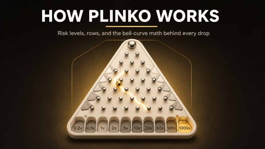 How Plinko works guide cover featuring a premium 3D cream Plinko board, glowing gold ball path, and highlighted 1000x multiplier slot on Krypto-Casinos.com