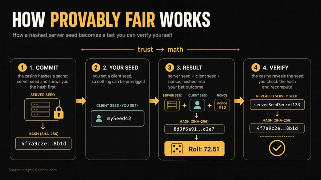 Infographic explaining how provably fair works in crypto casinos: 4-step flow showing commit, client seed, result, and verify, with hashed server seed, SHA-256 hash, nonce, and bet outcome verification