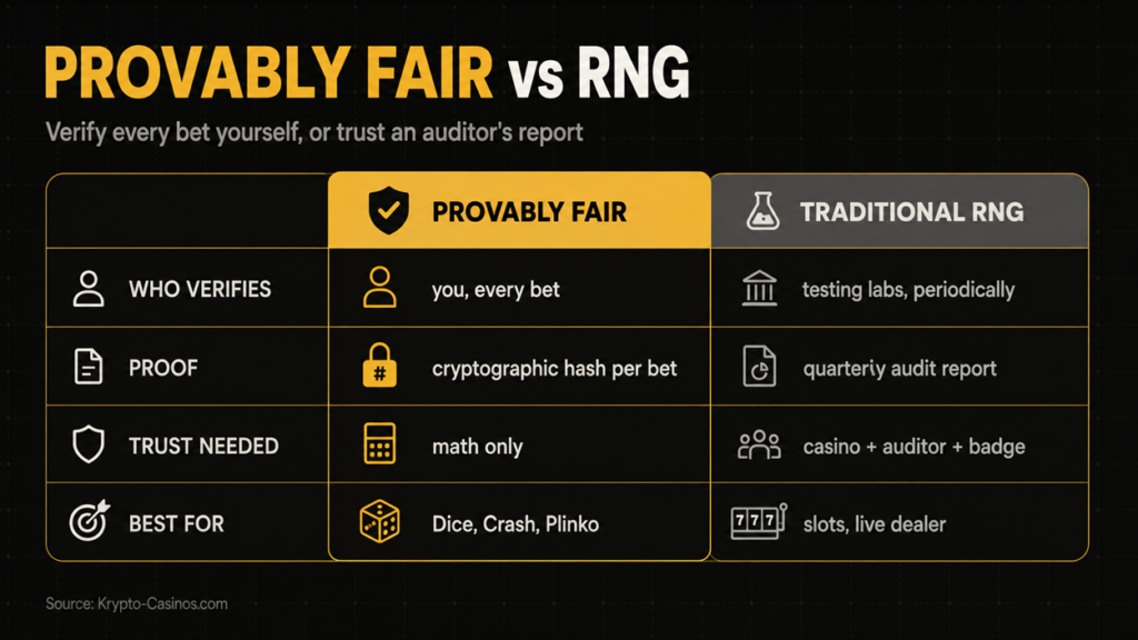 Provably Fair vs RNG comparison infographic showing how crypto casino games verify bets, compare cryptographic hashes with audit reports, and explain trust, proof, RTP, and best game types