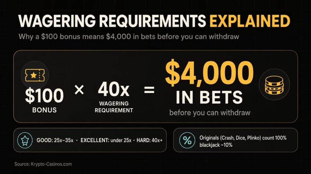 Wagering requirements explained infographic showing how a $100 casino bonus with 40x wagering equals $4,000 in bets before withdrawal