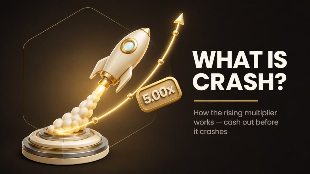 Crash game guide cover featuring a premium 3D rocket, glowing 5.00x multiplier curve and “What Is Crash?” headline on Krypto-Casinos.com