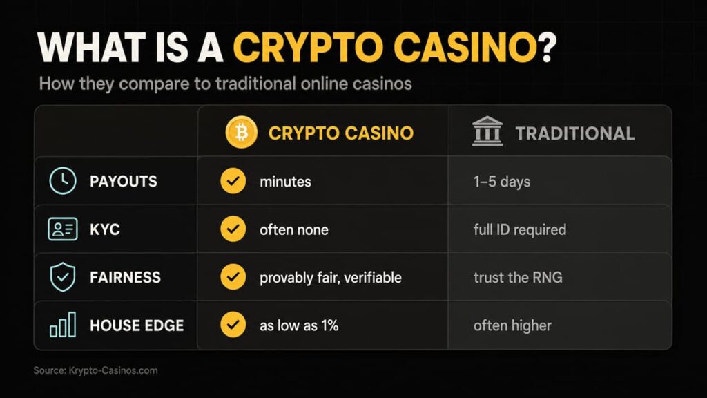 What is a crypto casino infographic comparing crypto casinos vs traditional online casinos on payouts, KYC, fairness, and house edge