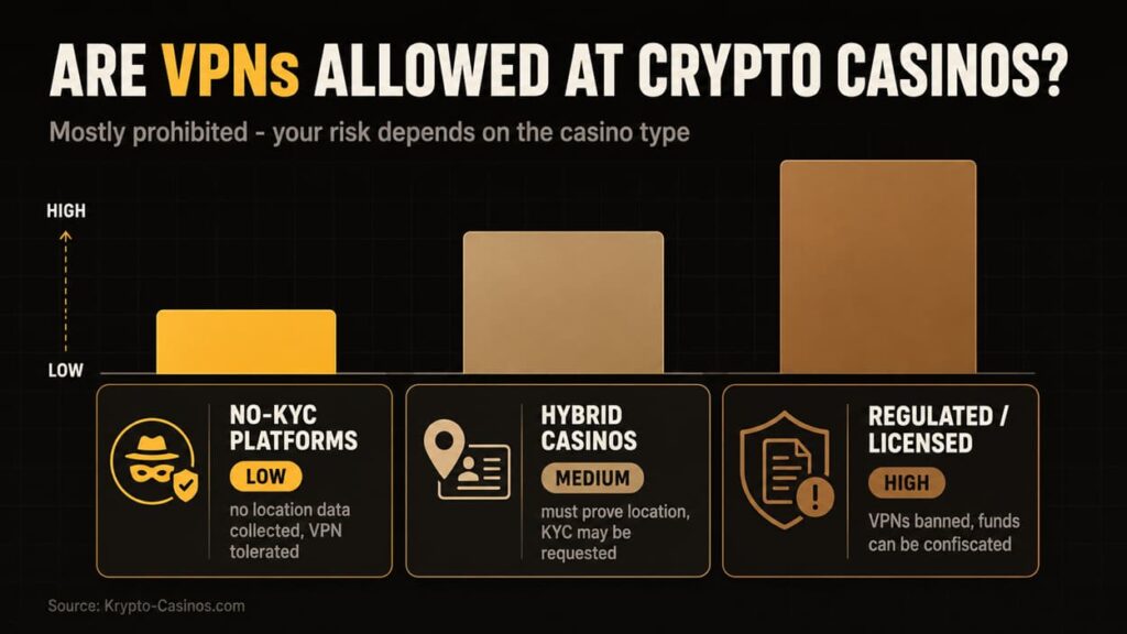 **SEO alt text:** Infographic comparing VPN risk at crypto casinos, showing low-risk no-KYC platforms, medium-risk hybrid casinos, and high-risk regulated casinos