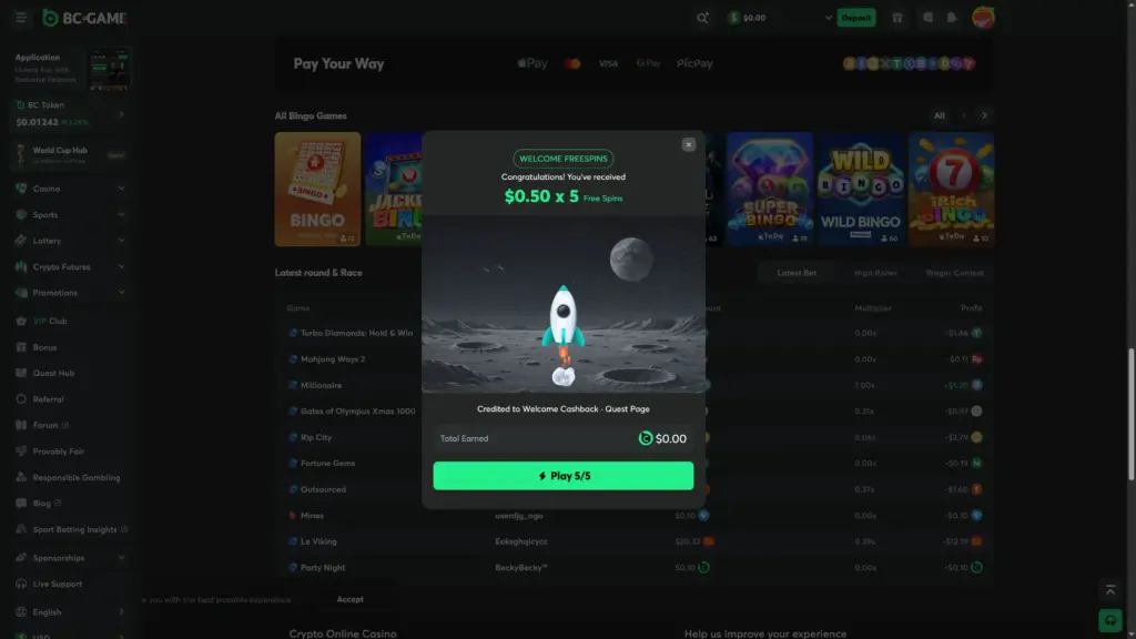 BC-game Welcome Freespins Bonus Code "kcbonus"
