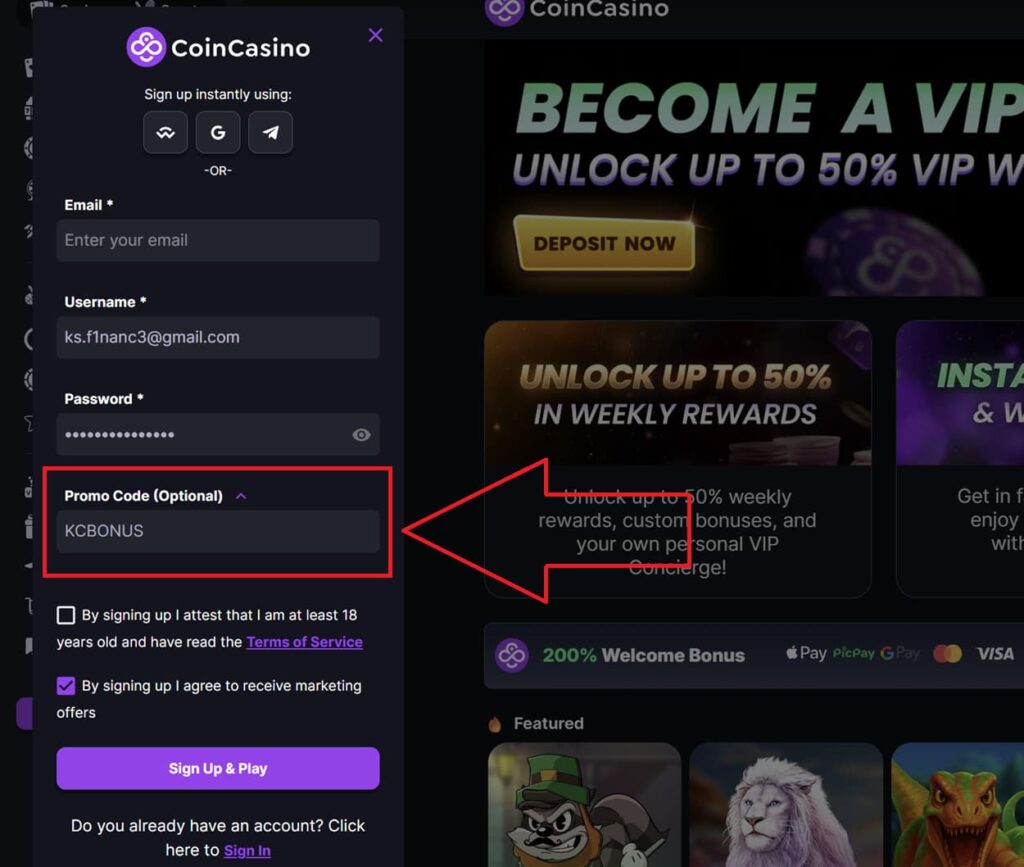 CoinCasino registration form showing the KCBONUS promo code entered in the optional bonus code field for claiming the CoinCasino welcome bonus