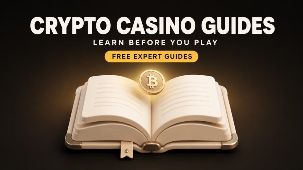 Crypto casino guides featured image showing a premium 3D open book with a floating Bitcoin coin and free expert guides badge for learning before playing