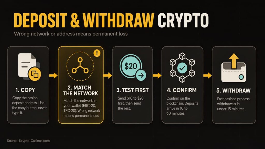 Crypto deposit and withdrawal infographic showing 5 steps to safely send crypto to an online casino, including copying the address, matching the network, testing with $10–$20, confirming on the blockchain, and withdrawing funds